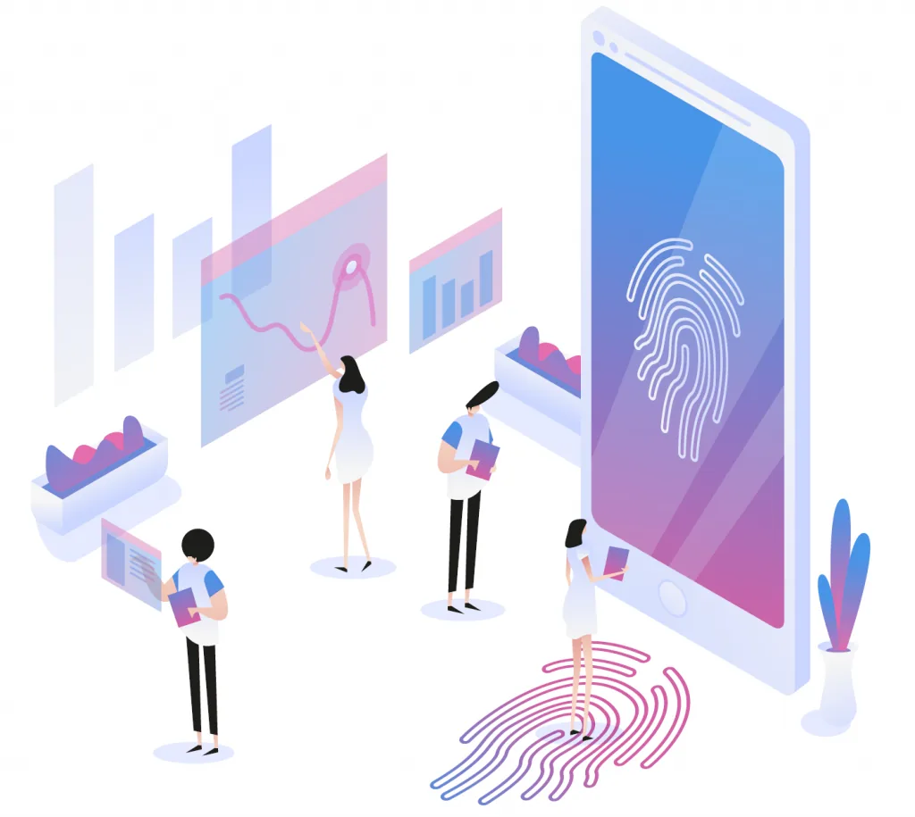 Illustration of biometric identifiers including fingerprint and facial recognition