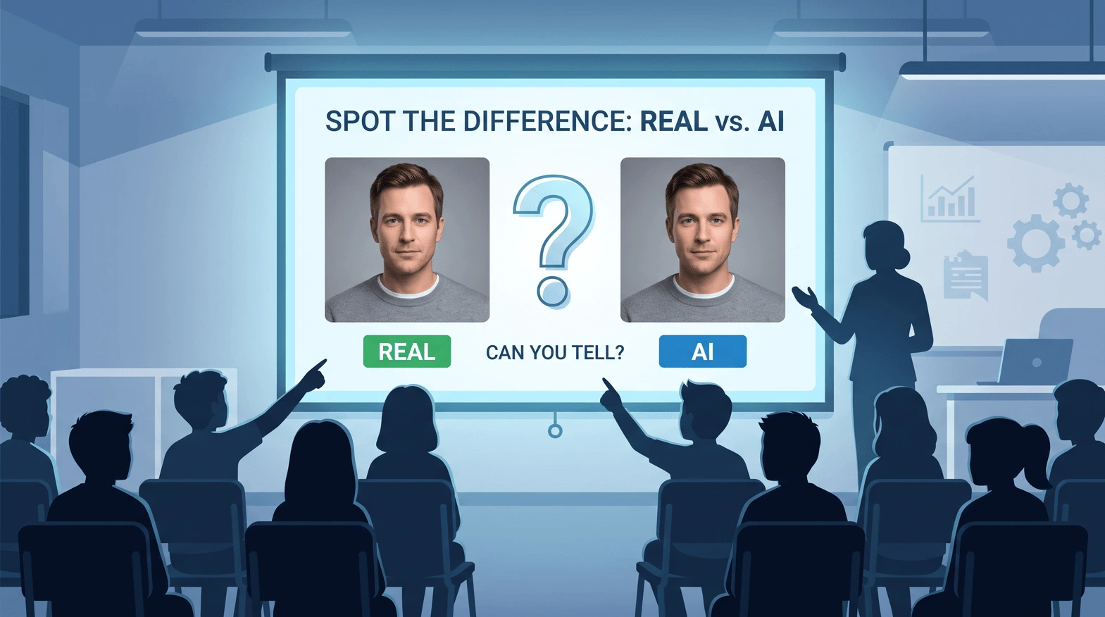 AI-generated illustration of a classroom guessing game comparing two synthetic portraits labeled Real and AI