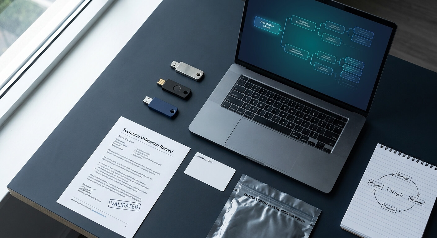 Security-key procurement evidence laid out on a desk: three hardware authenticators, a signed technical validation record mapping the product to its CMVP certificate, an inventory card supporting device-level custody, a tamper-evident shipping pouch, an attestation chain diagram on a laptop, and a handwritten credential lifecycle loop