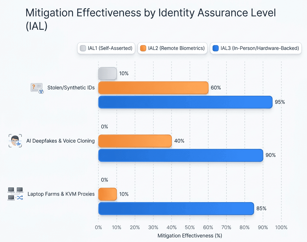 Bar chart comparing the mitigation effectiveness of IAL1, IAL2, and IAL3 identity proofing against stolen IDs, AI deepfakes, and laptop farm proxy evasion.