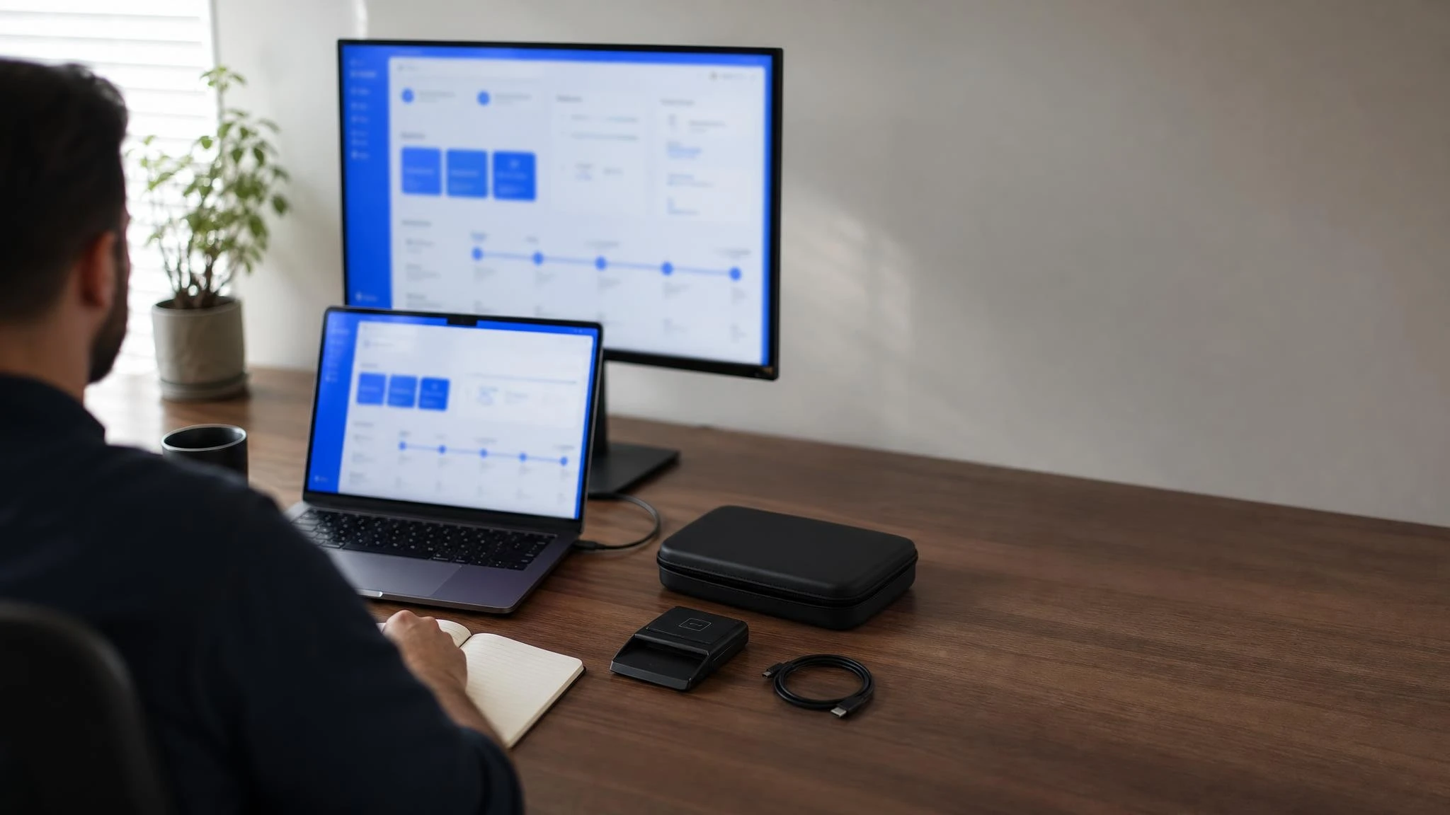 Analyst reviewing an identity verification timeline on a monitor and laptop beside a Trust Swiftly proofing kit case and passport reader
