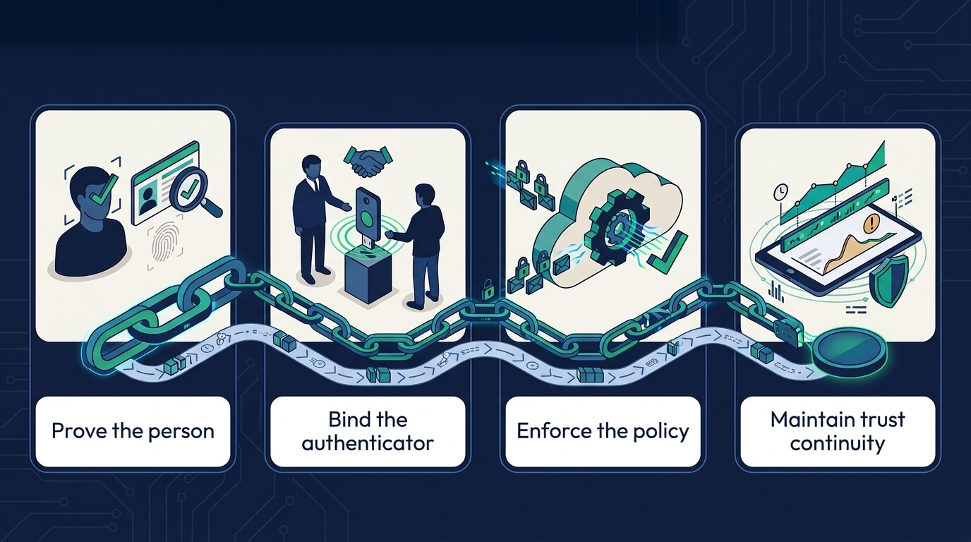 The four-link identity assurance chain behind a FedRAMP deployment: prove the person through attended identity proofing, bind the authenticator during a controlled enrollment ceremony, enforce the policy in the relying party's identity provider, and maintain trust continuity through ongoing device and credential signals