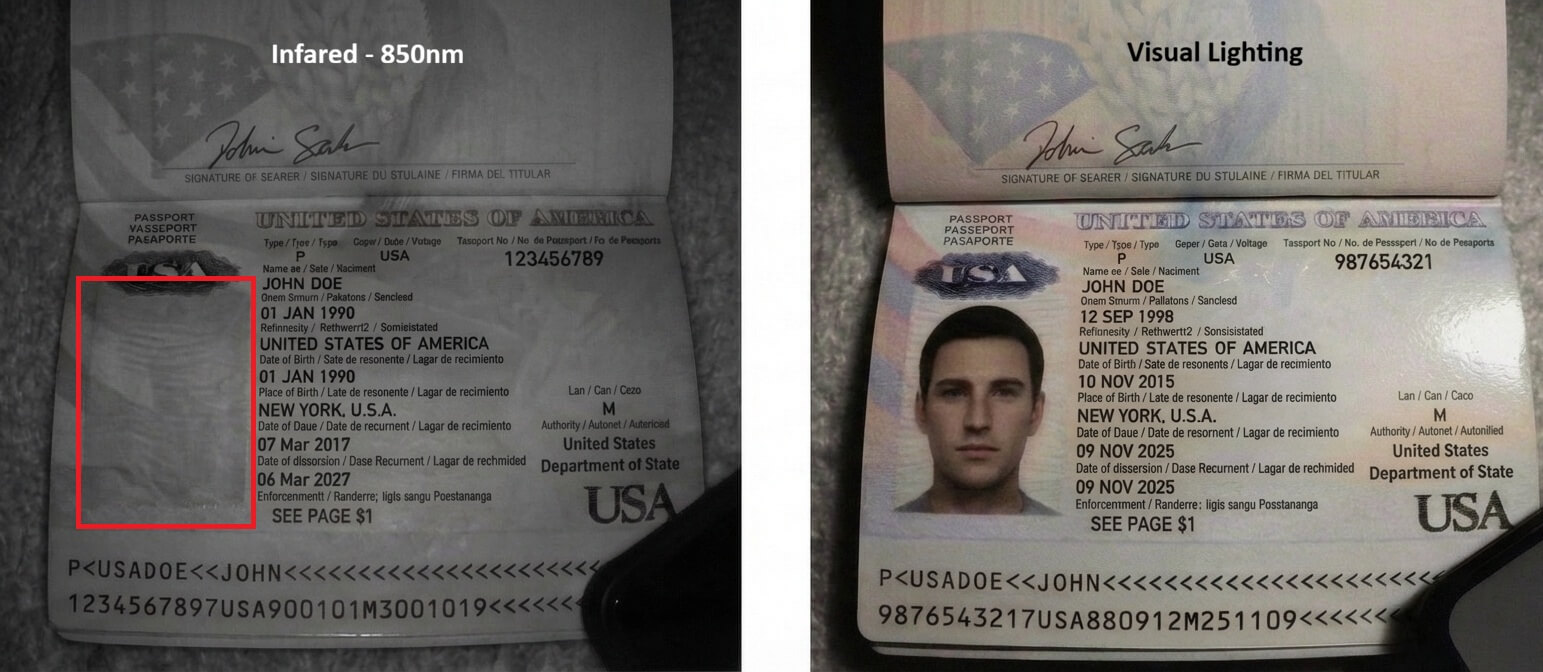 A side-by-side comparison of a US Passport. Under 850nm Infrared light, the primary portrait vanishes due to IR-transparent security inks, while the MRZ text remains highly visible. Under standard visual lighting, all features are visible to the naked eye.