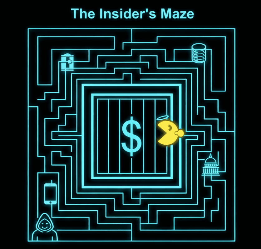 A digital maze with a dollar sign trapped in a cage at the center, representing the strategy of baiting and trapping insider threats.