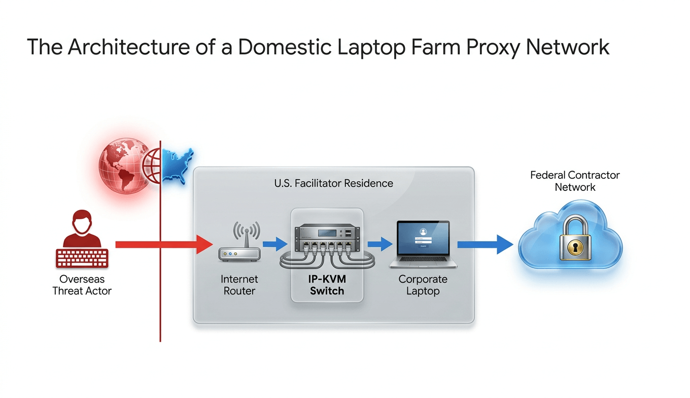 Diagram showing how North Korean IT workers use domestic US laptop farms and IP-KVM switches to bypass remote identity verification and infiltrate federal contractor networks.