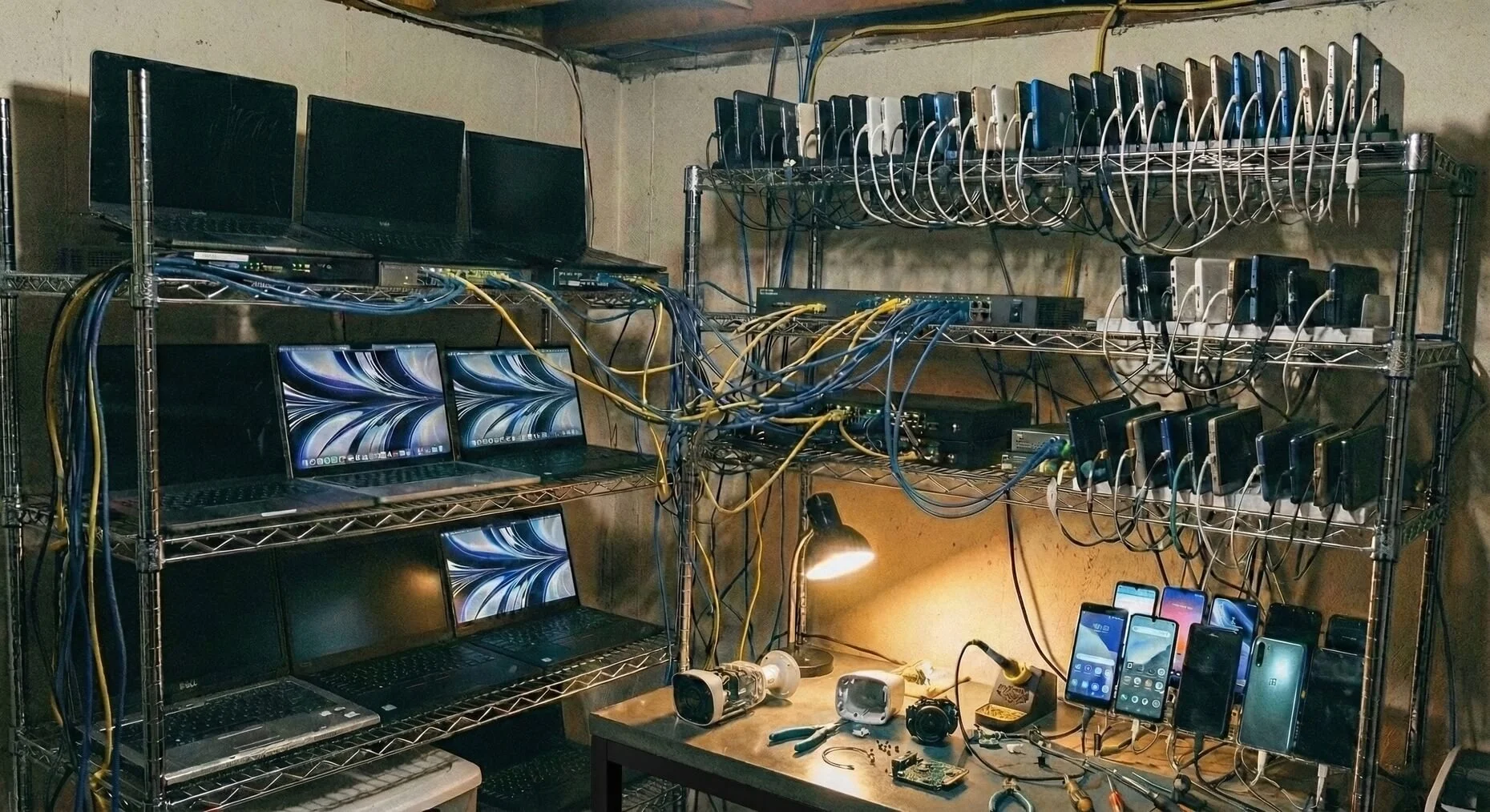 Photo of laptop and phone farm used for remote worker fraud against federal contractors
