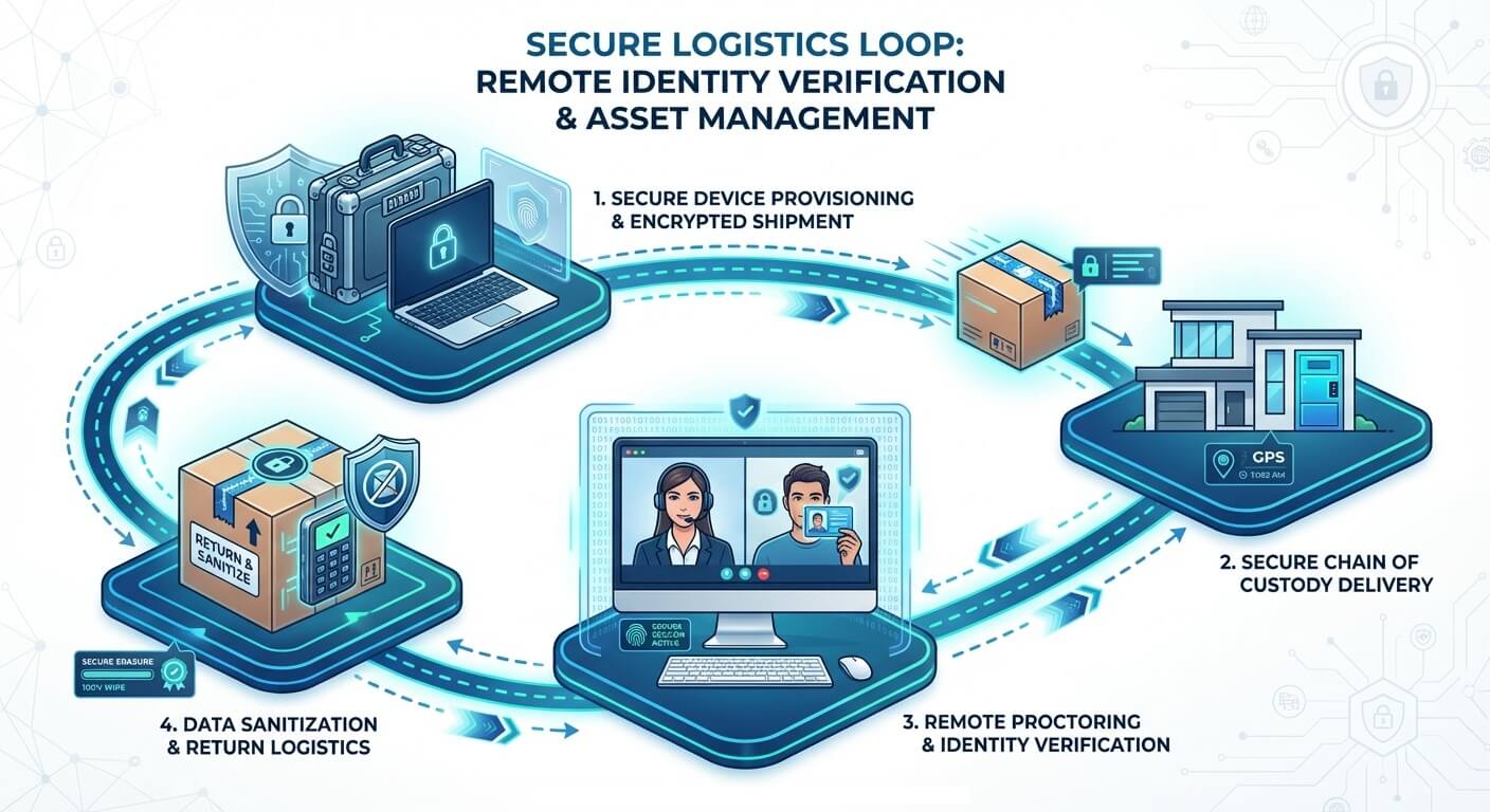 Diagram of Trust Swiftly's zero-footprint IAL3 logistics loop: managed kit ships to employee, supervised video proctoring session, secure return shipping, and cryptographic device sanitization.