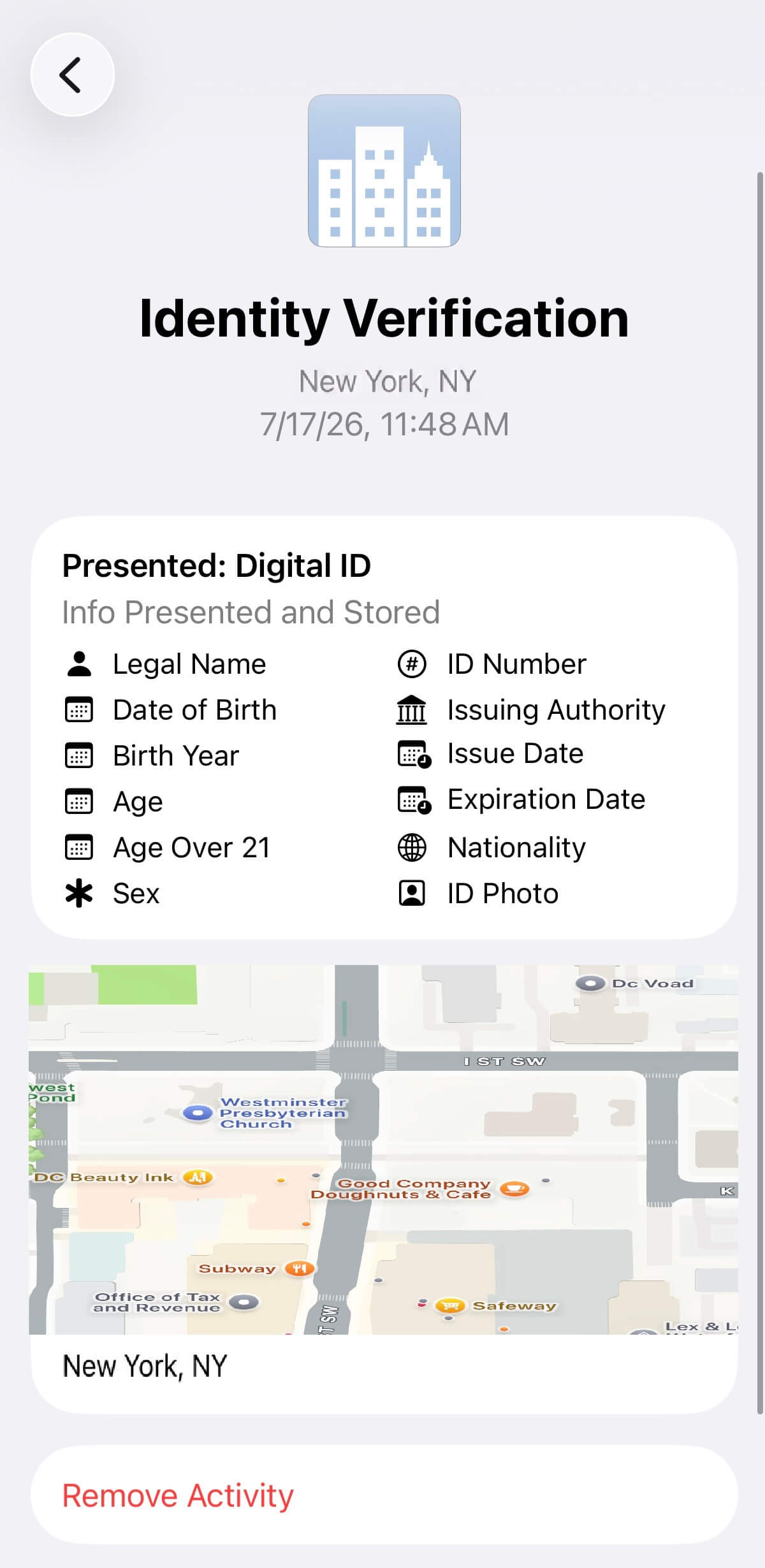 Apple Wallet identity verification activity log showing timestamp, location map, presented data fields, and manual "Remove Activity" button