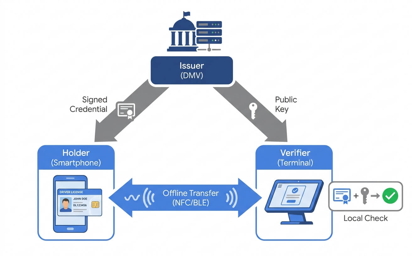 Offline mDL verification flow under ISO 18013-5: the issuing DMV signs the credential to the holder's smartphone and publishes its public key to verifiers, so a terminal can validate an NFC or BLE presentation locally without contacting a central server