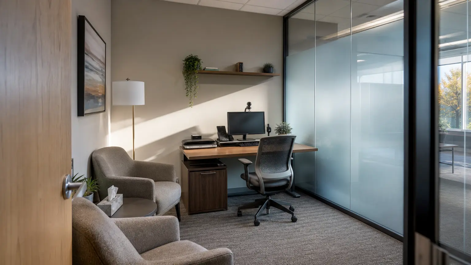 A private office room with frosted glass, comfortable armchairs, and a desk set up with verification equipment — a controlled IAL3 proofing environment that feels like a normal meeting room