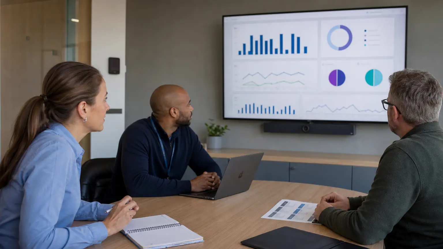 A program team in a conference room reviewing IAL3 pilot metrics — completion rates, session times, and per-step results — on a wall display before the wider rollout