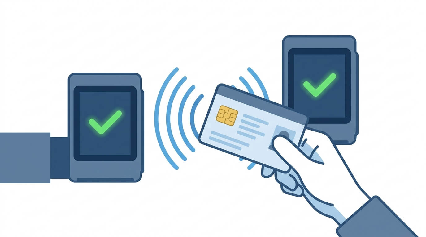 A chip-equipped physical driver's license tapping an NFC reader, illustrating cryptographic verification without a smartphone