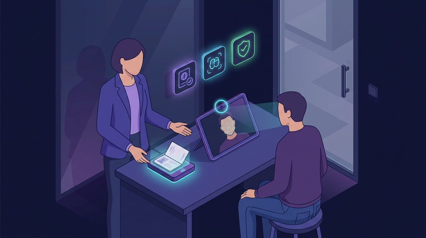 A Trust Swiftly concierge agent guiding an employee through a document scan on controlled verification hardware in a bright private office setting