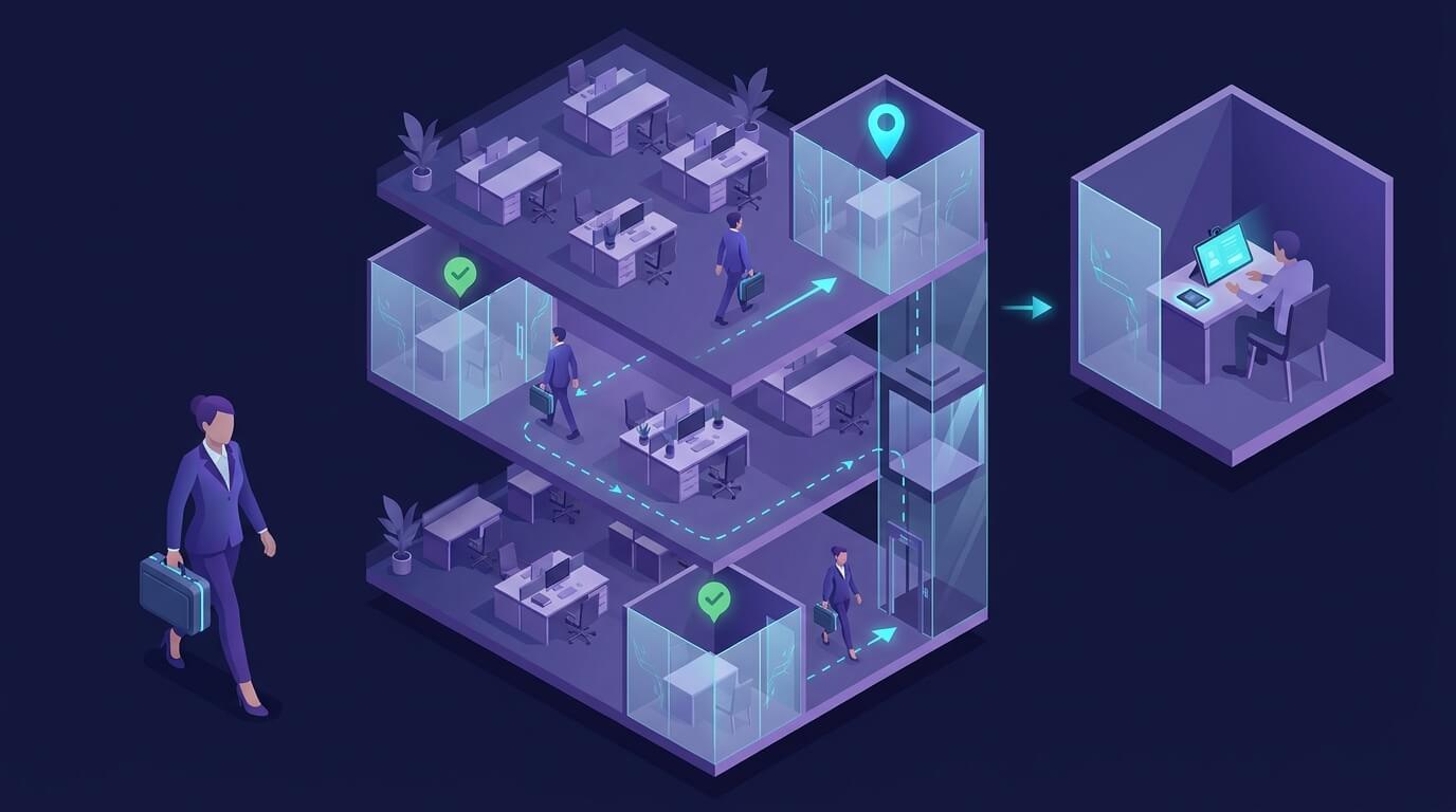 A Trust Swiftly agent wheeling a compact mobile verification station through a modern office corridor between sessions on different floors