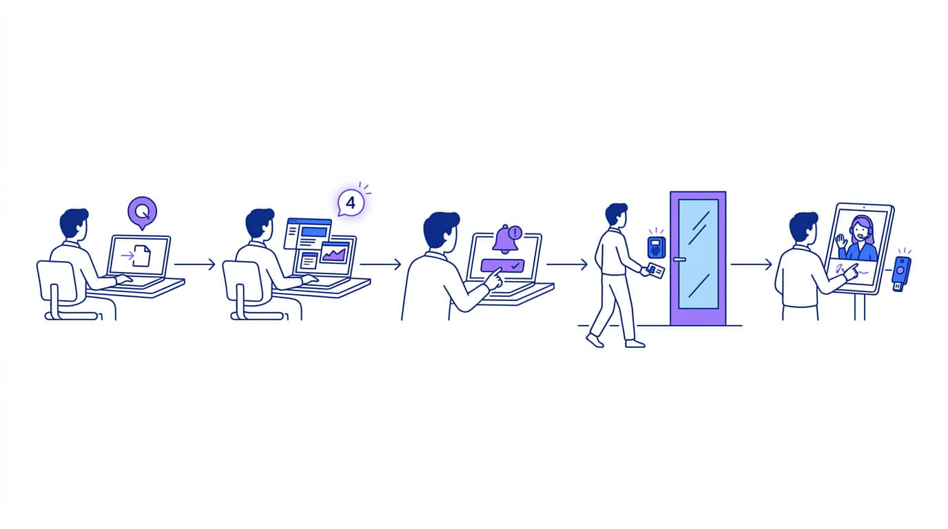 Virtual queue workflow for an on-site IAL3 verification event: an employee joins the queue from their desk, keeps working with a live position, confirms their turn when notified, badges into the verification room, and completes an attended kiosk session